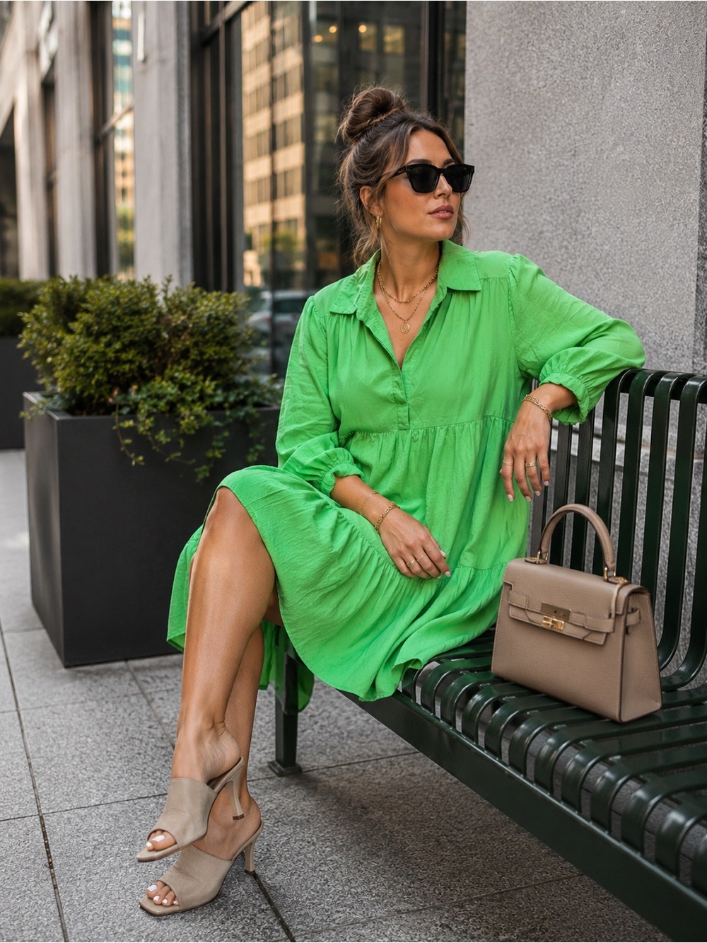 Ebby Ondl Spearmint Green Long-Sleeve Tiered Shirt Dress